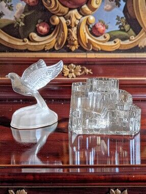 Beautiful Cristal D'Argues Lead Crystal Bird + Crystal Castle Candle Holder Set.